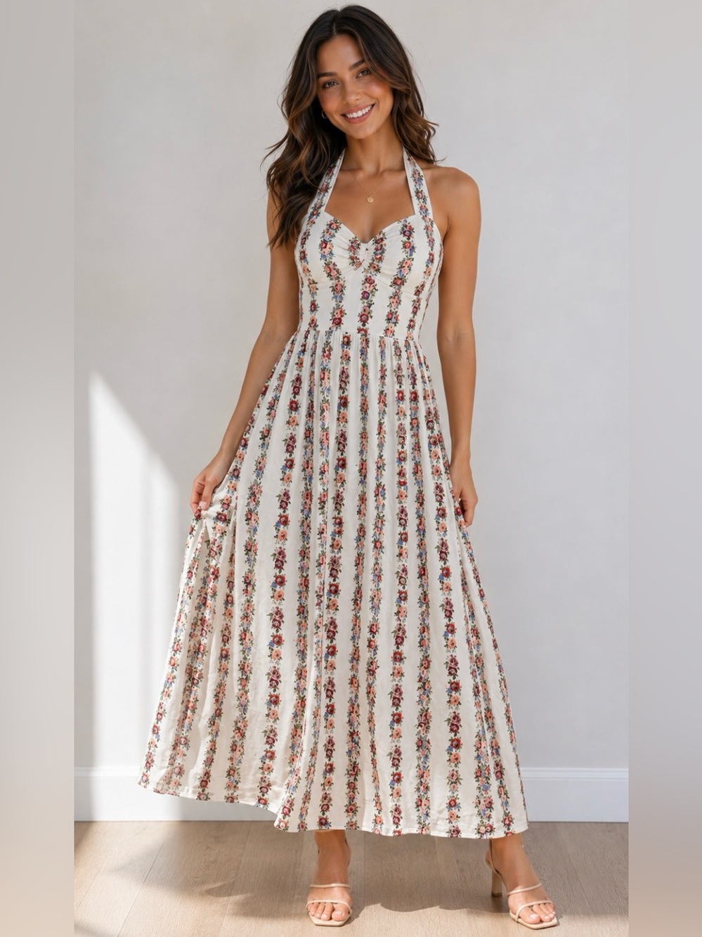 Floral Halter Maxi Dress in Cream with Red Floral Stripes